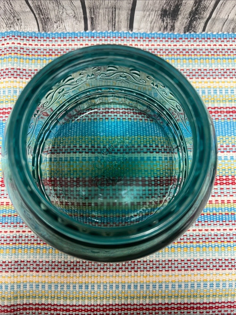 The Pioneer Woman “Cassie” glass Embossed Teal canister, large-80oz 6.25”X8”